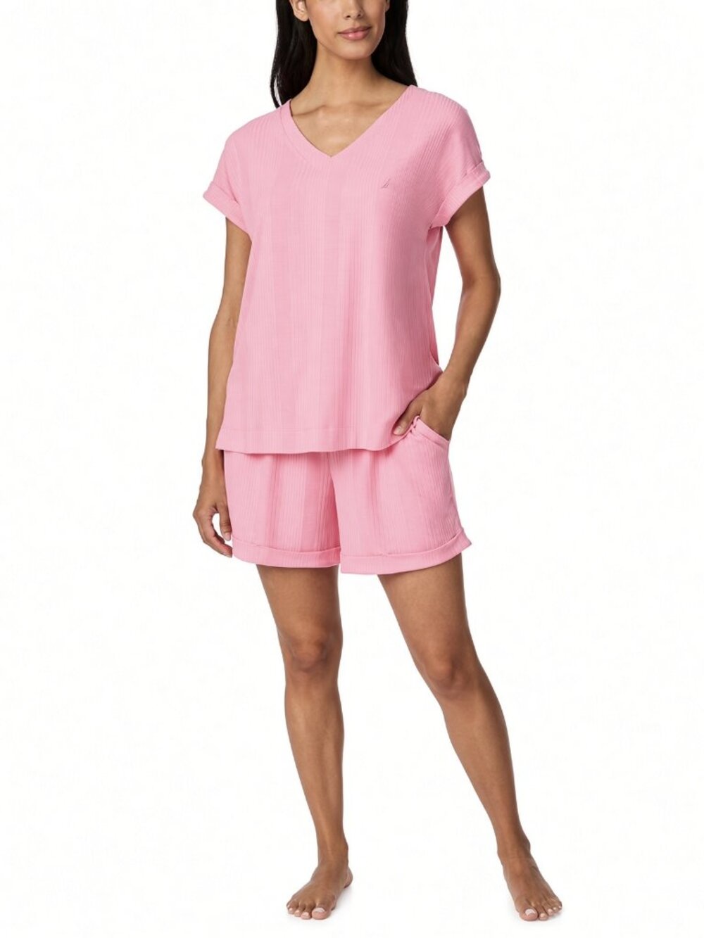 Nautica 2-Piece Short Sleeve Ribbed PJ Set Coral Pink Size M NWT